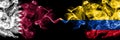 Qatar vs Colombia, Colombian smoky mystic flags placed side by side. Thick colored silky abstract smoke flags