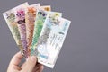 Qatari money in the hand on a gray background