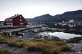 Qeqertarsuaq, Greenland. The jetty at the harbour with bowhead whale jawbone made into arch. Qeqertarsuaq is a port and