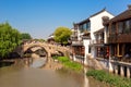 Qibao Shanghai, China - May, 2019: Landscape of Qibao Old Town in Shanghai, China. Brick bridge over the river in Qibao