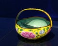 Qing Dynasty Kangxi Delft Ceramic Chinese Porcelain Pottery Yellow Painted Enamel Copper Flower Basket with Peony Floral Patterns