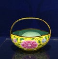 Qing Dynasty Kangxi Delft Ceramic Chinese Porcelain Pottery Yellow Painted Enamel Copper Flower Basket with Peony Floral Patterns