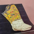 Qing Emperor Kangxi China Stately Demeanour Yellow Satin Socks Empress Costumes Palace Museum Embroidered Dragon Cloud Motifs