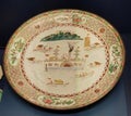 Qing Jingdezhen Kilns Jiangxi Province Antique Plate Paddle Steamer Polychrome Enamal Dish Ceramic Painting Art Deco