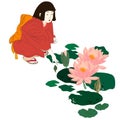 Qing Ming Festival vector illustration of girl with water lily. Asian girl on lotus pond. Water lily or lotus flowers. Royalty Free Stock Photo