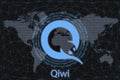 Qiwi Abstract Cryptocurrency. With a dark background and a world map. Graphic concept for your design
