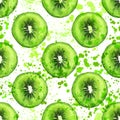 Qiwi slice seamless hand draw art pattern with watercolor splashes. Summer fruit qiwi repeat background with green round
