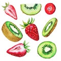 Qiwi and strawberry set, half and slices Royalty Free Stock Photo