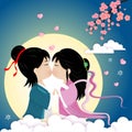 Qixi festival or Tanabata Vector illustration. Meeting of the cowherd and weaver girl in the beautiful night sky