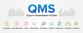 QMS - Quality Management System concept vector icons set infographic background illustration. Standards, Documentation, Processes.