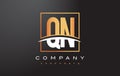 QN Q N Golden Letter Logo Design with Gold Square and Swoosh.