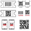 QR and barcode line icons. Set of 9 icons. Tickets with qr code and barcode