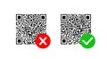 QR code with check and cross. Icon of barcode for sanitary control and identification. Scan of pass from vaccination certificate.
