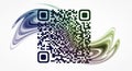 A QR code is displayed with a dynamic swirling background design Royalty Free Stock Photo