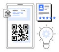 QR Code on Smartphone with Bank Icon, Digital Profile, and Gear Lightbulb Concept Royalty Free Stock Photo