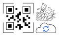 QR Code with Floral Decoration and Cloud Symbol Circular Arrows Indicating Synchronization Royalty Free Stock Photo