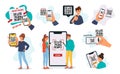 QR code frames with people. Cartoon characters using smartphones to scan qr codes, mobile scanning process and scan me