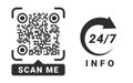 QR code icons. Quick Response codes. Barcode sign. 24 7 support. Vector images
