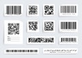 QR code label. Barcode product price scan tags. Digital data information. Realistic sticky paper sheets. Merchandise