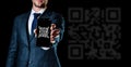 Scan qrcode. Digital mobile smart phone with qr code scanner on smartphone screen for payment, online pay, scan barcode