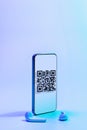 Qr code mobile. Digital smart phone with qr code scanner on smartphone screen for online pay, scan barcode technology on