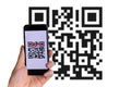 Qr code mobile. Hand holding digital mobile smart phone with qr code scanner on smartphone screen for pay, scan barcode