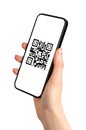 QR code on mobile phone application. QRcode scanner app in hand isolated Royalty Free Stock Photo