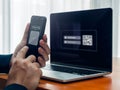 QR Code, multi factor authentication security concept. Digital scanner on smartphone camera lens frame with text, scan for login,