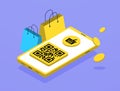 QR code payment - contactless, cashless transactions. Scan QR code with mobile app. M-commerce flat design illustration