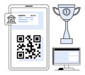 Digital Banking QR Code Payment Concept with Mobile, Trophy, and Computer Elements Royalty Free Stock Photo