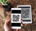 QR code payment transaction using cellphone and tablet Royalty Free Stock Photo