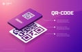 QR code on phone. Scan me coding for mobile app payment, isometric smartphone mock up with identification barcode