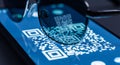 QR code reflection on eyeglasses lens from phone screen. Digital payment system for contactless transaction. Royalty Free Stock Photo
