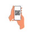 QR code scan concept, person holding smartphone with reader on screen symbol. Digital application