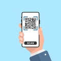 QR code scan illustration in flat style. Mobile phone scanning vector illustration on isolated background. Barcode reader in hand