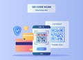 QR code scan illustration set barcode on display smartphone screen for payment background of credit card dollar shield