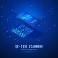 QR code scan isometric concept. Mobile phone with scanning digital barcode on screen. Technology background in blue colors. Vector