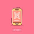 Qr code scan phone icon in comic style. Scanner in smartphone vector cartoon illustration on white isolated background. Barcode