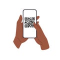 QR code scan with phone screen, hand holding smartphone for reading data. Modern digital technology, Royalty Free Stock Photo