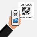 QR code. Scan to pay, online shopping , cashless technology concept. Scanning barcode with telephone