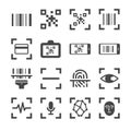 Qr code scanner and bar code scan vector line icon set. Included the icons as qr code, bar code, scanner, fingerprint scan and mor