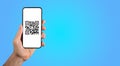 QR code scanner, mobile phone screen in hand for digital transaction, qrcode, banner background