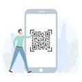 QR code scanning concept. Small man use smartphone and scan qr code Royalty Free Stock Photo