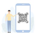 QR code scanning concept. Small man use smartphone and scan qr code Royalty Free Stock Photo