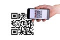 Qr code scanning. Hand holding mobile smartphone screen for payment, online pay, scan barcode with qr code scanner on digital Royalty Free Stock Photo