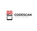 QR code scanning logo design. QR code scanner on smartphone vector design