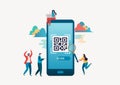 QR code scanning. People scan qr code for payment via smartphone. Flat vector illustration modern character design.