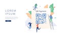 QR code scanning vector illustration concept, people use and scan qr code for payment. QR code on paper for detail