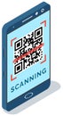 Qr code scanning via mobile phone application scanner device isometric vector illustration Royalty Free Stock Photo