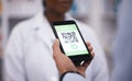 QR code, screen or hand of doctor with phone to scan test results on contactless technology online. Closeup, mobile app